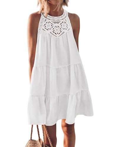 QUNERY Sommerkleid Damen Ausgehöhltes NeckholderKleid Casual Knielang Ärmellos Strandkleider A-Linie Urlaubkleid Weiß XL von QUNERY