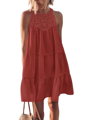 QUNERY Sommerkleid Damen Ausgehöhltes NeckholderKleid Casual Knielang Ärmellos Strandkleider A-Linie Urlaubkleid Ziegelrot XL von QUNERY