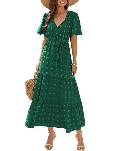 QUNERY Sommerkleid Damen Lang Kleider Elegant V Ausschnitt Swiss Dot Freizeitkleider Einfarbig Kurzarm Maxikleid mit Gürtel Strandkleid Cocktailkleid A-Grün M von QUNERY