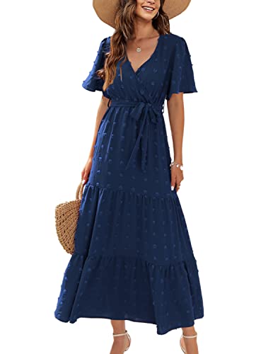 QUNERY Sommerkleid Damen Lang Kleider Elegant V Ausschnitt Swiss Dot Freizeitkleider Einfarbig Kurzarm Maxikleid mit Gürtel Strandkleid Cocktailkleid A-Blau XL von QUNERY