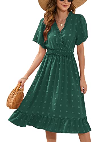 QUNERY Sommerkleid Damen Lang Kleider Elegant V Ausschnitt Swiss Dot Freizeitkleider Einfarbig Kurzarm Maxikleid mit Gürtel Strandkleid Cocktailkleid B-Grün L von QUNERY