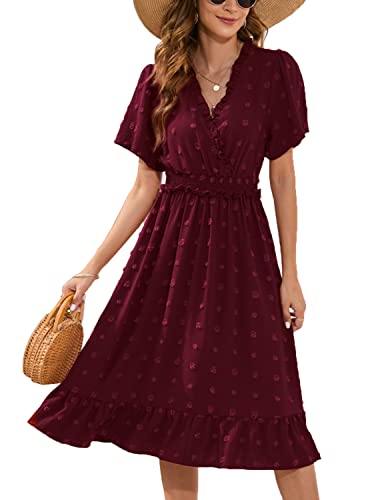 QUNERY Sommerkleid Damen Lang Kleider Elegant V Ausschnitt Swiss Dot Freizeitkleider Einfarbig Kurzarm Maxikleid mit Gürtel Strandkleid Cocktailkleid B-Tiefrot M von QUNERY