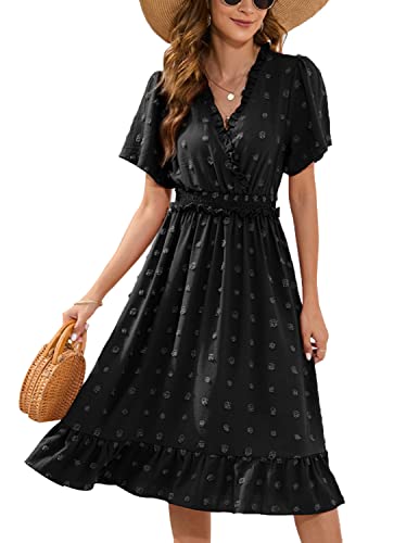 QUNERY Sommerkleid Damen Lang Kleider Elegant V Ausschnitt Swiss Dot Freizeitkleider Einfarbig Kurzarm Maxikleid mit Gürtel Strandkleid Cocktailkleid B-Schwarz L von QUNERY