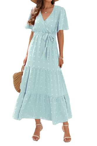 QUNERY Sommerkleid Damen Lang Kleider Elegant V Ausschnitt Swiss Dot Freizeitkleider Einfarbig Kurzarm Maxikleid mit Gürtel Strandkleid Cocktailkleid A-Hellgrün L von QUNERY