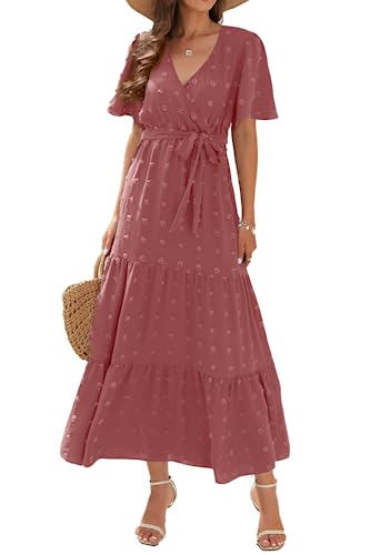 QUNERY Sommerkleid Damen Lang Kleider Elegant V Ausschnitt Swiss Dot Freizeitkleider Einfarbig Kurzarm Maxikleid mit Gürtel Strandkleid Cocktailkleid A-Rosa M von QUNERY