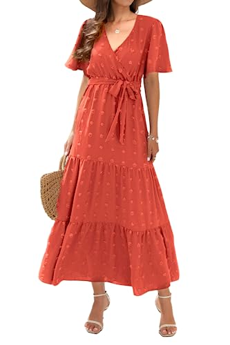 QUNERY Sommerkleid Damen Lang Kleider Elegant V Ausschnitt Swiss Dot Freizeitkleider Einfarbig Kurzarm Maxikleid mit Gürtel Strandkleid Cocktailkleid A-Rotbraun L von QUNERY