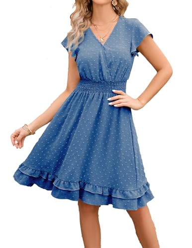 QUNERY Sommerkleid Damen Lang Kleider Elegant V Ausschnitt Swiss Dot Freizeitkleider Einfarbig Kurzarm Maxikleid mit Gürtel Strandkleid Cocktailkleid C-Blau S von QUNERY