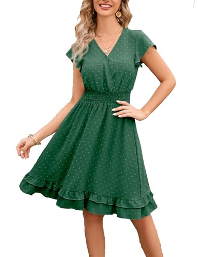 QUNERY Sommerkleid Damen Lang Kleider Elegant V Ausschnitt Swiss Dot Freizeitkleider Einfarbig Kurzarm Maxikleid mit Gürtel Strandkleid Cocktailkleid C-Grün L von QUNERY