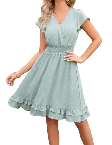 QUNERY Sommerkleid Damen Lang Kleider Elegant V Ausschnitt Swiss Dot Freizeitkleider Einfarbig Kurzarm Maxikleid mit Gürtel Strandkleid Cocktailkleid C-Hellgrün L von QUNERY