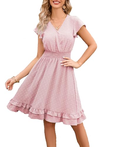 QUNERY Sommerkleid Damen Lang Kleider Elegant V Ausschnitt Swiss Dot Freizeitkleider Einfarbig Kurzarm Maxikleid mit Gürtel Strandkleid Cocktailkleid C-Rosa S von QUNERY