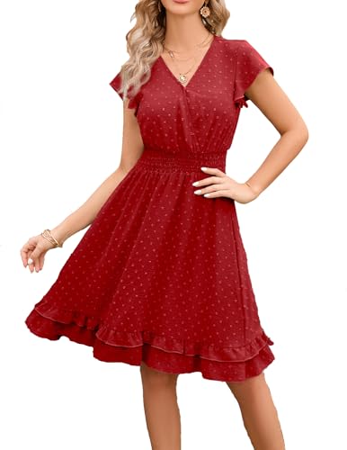 QUNERY Sommerkleid Damen Lang Kleider Elegant V Ausschnitt Swiss Dot Freizeitkleider Einfarbig Kurzarm Maxikleid mit Gürtel Strandkleid Cocktailkleid C-Rot L von QUNERY