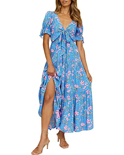 QUNERY Sommerkleid Lang Damen Boho Kleid Knoten Front Tiefer V-Ausschnitt Kurzarm Strandkleid Rüsche Floral Casual Partykleid Cocktailkleid Blau L von QUNERY