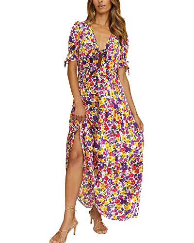 QUNERY Sommerkleid Lang Damen Boho Kleid Knoten Front Tiefer V-Ausschnitt Kurzarm Strandkleid Rüsche Floral Casual Partykleid Cocktailkleid Gelblila L von QUNERY