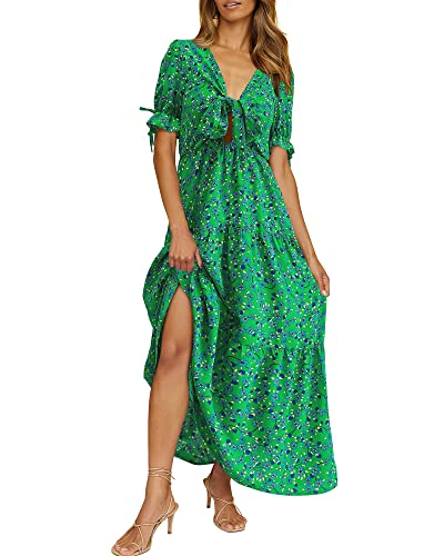 QUNERY Sommerkleid Lang Damen Boho Kleid Knoten Front Tiefer V-Ausschnitt Kurzarm Strandkleid Rüsche Floral Casual Partykleid Cocktailkleid Grün L von QUNERY