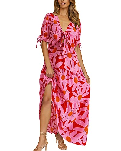 QUNERY Sommerkleid Lang Damen Boho Kleid Knoten Front Tiefer V-Ausschnitt Kurzarm Strandkleid Rüsche Floral Casual Partykleid Cocktailkleid Rosa M von QUNERY