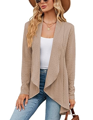 QUNERY Strickjacke Damen Langarm Cardigan Elegant Casual Top Wasserfall Strickjacken Leicht Gestrickt Blazer Khaki L von QUNERY