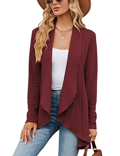 QUNERY Strickjacke Damen Langarm Cardigan Elegant Casual Top Wasserfall Strickjacken Leicht Gestrickt Blazer Rotwein L von QUNERY