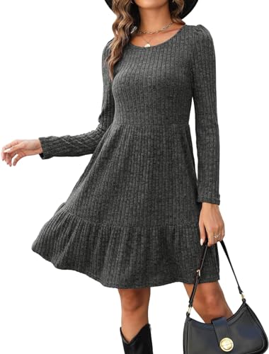 QUNERY Strickkleid Damen Herbst Pulloverkleid Langarmkleid Rundhals Elegante Kleider A-Linie Täglich Freizeitkleid Dunkelgrau XXL von QUNERY