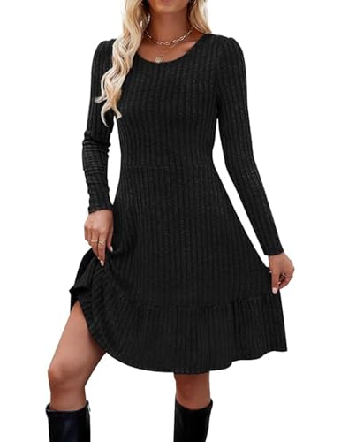 QUNERY Strickkleid Damen Herbst Pulloverkleid Langarmkleid Rundhals Elegante Kleider A-Linie Täglich Freizeitkleid Schwarz M von QUNERY