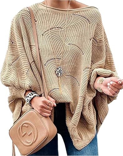 QUNERY Strickpullover Damen Winterpullover Knitted Rundhals Lose Pulli Damen Oversize Fledermausärmel Strickpulli Sweater Herbst Grobstrickpullover Langarmshirt Apricot Color S von QUNERY