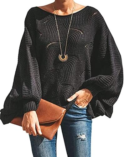 QUNERY Strickpullover Damen Winterpullover Knitted Rundhals Lose Pulli Damen Oversize Fledermausärmel Strickpulli Sweater Herbst Grobstrickpullover Langarmshirt Schwarz L von QUNERY