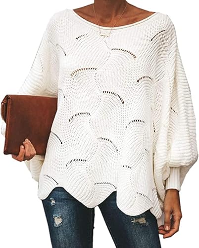QUNERY Strickpullover Damen Winterpullover Knitted Rundhals Lose Pulli Damen Oversize Fledermausärmel Strickpulli Sweater Herbst Grobstrickpullover Langarmshirt Weiß M von QUNERY