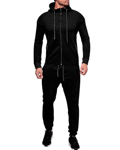 QUNERY Trainingsanzug Herren Langarm Jogginganzug Sweatjacke Herren Freizeitanzug 2-Teilige Sportanzug für Outdoor-Aktivitäten und tägliches Tragen Schwarz XXL von QUNERY
