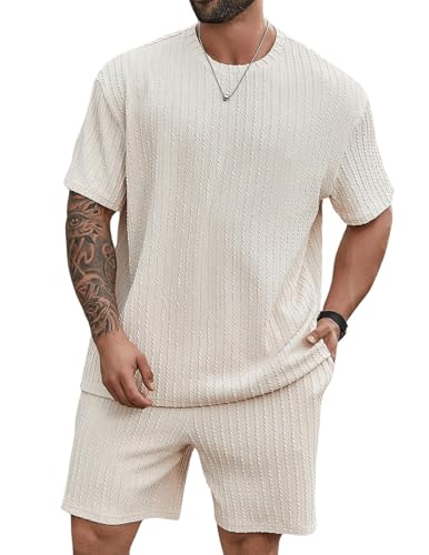 QUNERY Trainingsanzug Herren Sommer 2 Teiliges Jogginganzug Herren Set Casual Kurzarm T-Shirts Kurze Hose Freizeitanzug Aprikose M von QUNERY