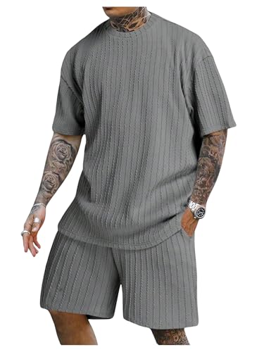 QUNERY Trainingsanzug Herren Sommer 2 Teiliges Jogginganzug Herren Set Casual Kurzarm T-Shirts Kurze Hose Freizeitanzug Hellgrau XL von QUNERY
