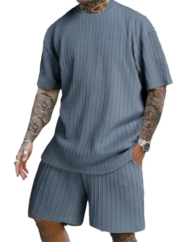QUNERY Trainingsanzug Herren Sommer 2 Teiliges Jogginganzug Herren Set Casual Kurzarm T-Shirts Kurze Hose Freizeitanzug Ozeanblau XL von QUNERY