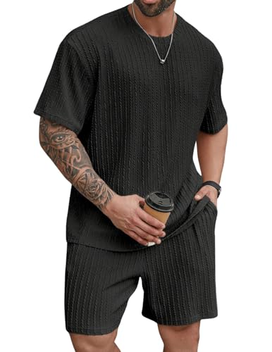 QUNERY Trainingsanzug Herren Sommer 2 Teiliges Jogginganzug Herren Set Casual Kurzarm T-Shirts Kurze Hose Freizeitanzug Schwarz M von QUNERY