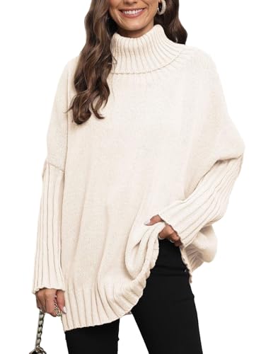 QUNERY Winterpullover Damen Warm Oversize Rollkragen Strickpullover Lose Fledermausärmel Strickpulli für Herbst Winter Apricot Color von QUNERY