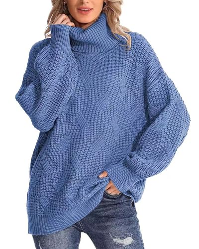 QUNERY Winterpullover Damen Warm Oversize Rollkragen Strickpullover Lose Fledermausärmel Strickpulli für Herbst Winter B-Blau von QUNERY