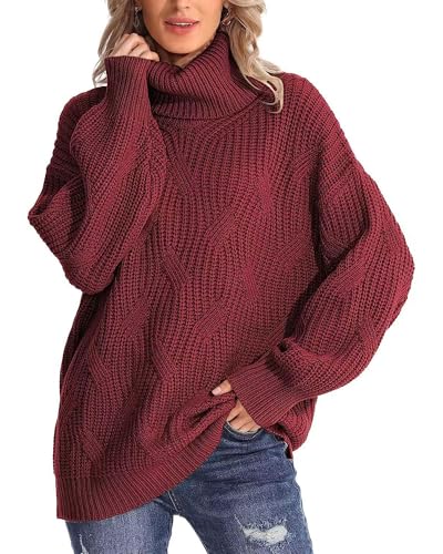 QUNERY Winterpullover Damen Warm Oversize Rollkragen Strickpullover Lose Fledermausärmel Strickpulli für Herbst Winter B-Claret von QUNERY