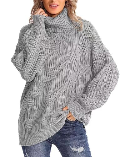 QUNERY Winterpullover Damen Warm Oversize Rollkragen Strickpullover Lose Fledermausärmel Strickpulli für Herbst Winter B-Grau von QUNERY
