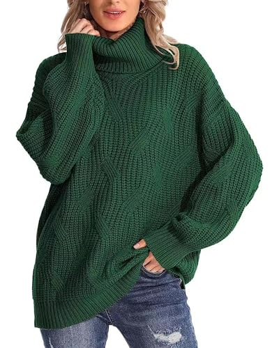 QUNERY Winterpullover Damen Warm Oversize Rollkragen Strickpullover Lose Fledermausärmel Strickpulli für Herbst Winter B-Grün von QUNERY