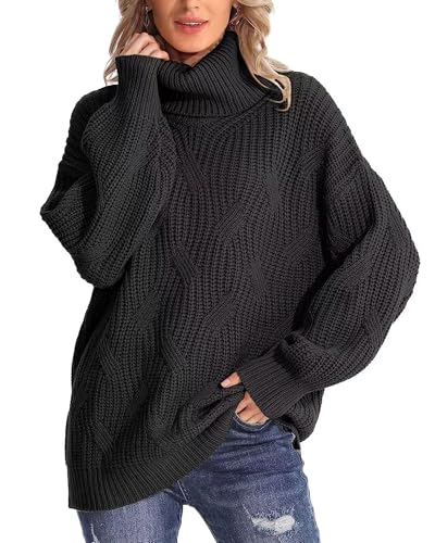 QUNERY Winterpullover Damen Warm Oversize Rollkragen Strickpullover Lose Fledermausärmel Strickpulli für Herbst Winter B-Schwarz von QUNERY