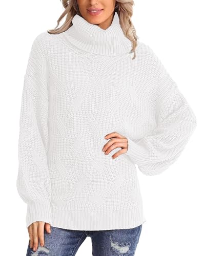 QUNERY Winterpullover Damen Warm Oversize Rollkragen Strickpullover Lose Fledermausärmel Strickpulli für Herbst Winter B-Weiß von QUNERY