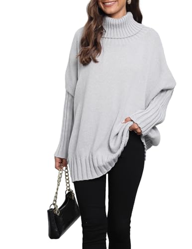 QUNERY Winterpullover Damen Warm Oversize Rollkragen Strickpullover Lose Fledermausärmel Strickpulli für Herbst Winter Grau von QUNERY