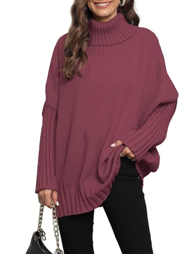 QUNERY Winterpullover Damen Warm Oversize Rollkragen Strickpullover Lose Fledermausärmel Strickpulli für Herbst Winter Rotwein von QUNERY