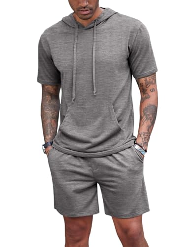 QUNERY Zweiteiler Herren Sommer Streatwear Trainingsanzug mit Kapuze Jogginganzug Kurzarm Casual Tracksuit Atmungsaktiv Hausanzug Set Dunkelgrau XXL von QUNERY