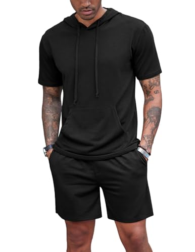 QUNERY Zweiteiler Herren Sommer Streatwear Trainingsanzug mit Kapuze Jogginganzug Kurzarm Casual Tracksuit Atmungsaktiv Hausanzug Set Schwarz L von QUNERY