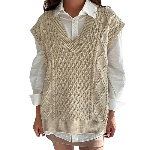 QUNINE Damen Strickpullover mit V-Ausschnitt, lässige, lockere Weste, ärmellose Pullover-Oberteile (Milchweiß, L) von QUNINE