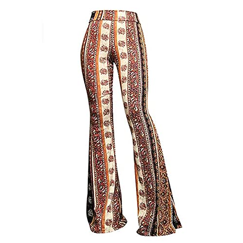 Hohe Taille Zigeuner Yoga Hose, eng anliegende Hüfte Retro Print Big Glockenhose, Ethnic Stretch 70er Jahre Glockenhose Fit to Flare Pants von QUNLING