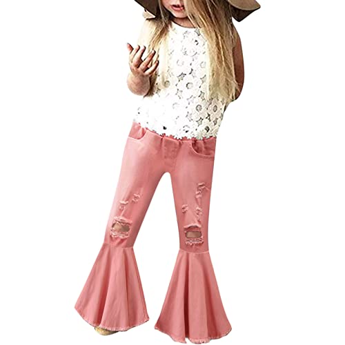 QUNLING Baby Bell for Kids Bottom Denim 1-6Y Ruffles Pants Jeans Ripped Trousers Flare Toddler Girls Girls (Pink, 4-5 Years) von QUNLING