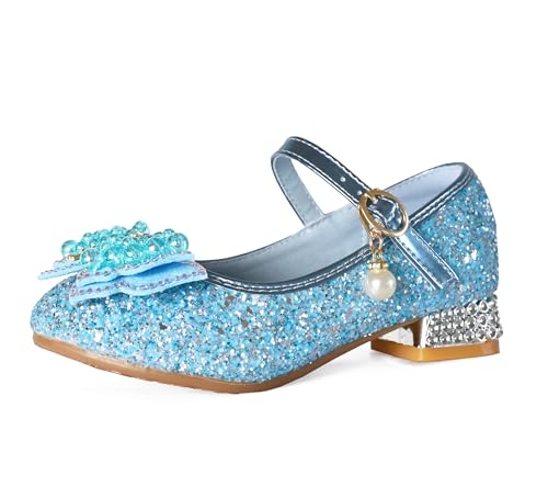 QUNUNOIRE Prinzessin Glitzer Schuhe Mädchen Stöckelschuhe Pailletten Cosplay Schuhe für Partys Hochzeiten Sandalen Elegante Blau 34 EU von QUNUNOIRE
