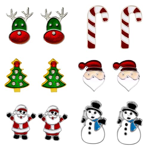 6 Paar Ohrringe Weihnachten Ohrstecker, Lustige Weihnachtsohrringe Weihnachtsschmuck Geschenk für Damen Kinder Mädchen, Weihnachts Modeschmuck Weihnachtsbaum Weihnachtsmann Tropfen Baumeln Stecker von QUOHE