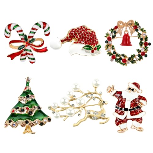6 Stück Brosche Weihnachten Set, Weihnachtsschmuck Broschen Pin Strass Anstecknadeln Schmuck Geschenk für Damen Kinder Mädchen, Kristall Weihnachtsbrosche mit Glitzer für Kleidung Ornamente von QUOHE