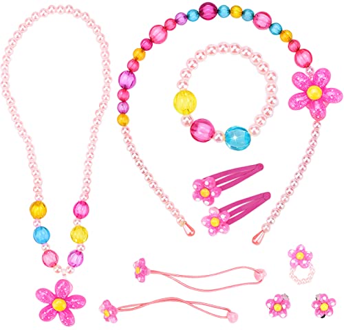 Kinderschmuck Mädchen, Kleine Mädchen Schmuckset Halskette Armband Ring Clip-on Ohrringe Haarspange Haarbänder, Prinzessin Modeschmuck für Kinder Geburtstag Geschenk Ankleiden Rollenspiel Spielzeug von QUOHE