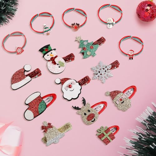 Weihnachten Haarschmuck Haarspangen für Kinder Mädchen, 15 Stück Haarclips Glitzer Haarklammern Haargummis Geschenke Frauen Damen, Weihnachts Deko Haar Accessoires Rentier Spangen Haarnadeln Haarreif von QUOHE